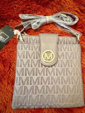 MKF Taupe Metallic Double Pouch, Double Zipper Crossbody W/ Buckle- NEW!